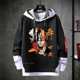 Anime Bleach Hoodies Streetwear Kurosaki Ichigo Ribbons Letter Print Hoodie Fake Two Piece Patchwork Sweatshirt Pullover Clothes