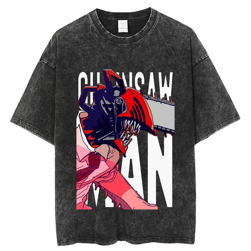 Vintage Washed Tshirts chainsaw man Anime T Shirt Harajuku Oversize Tee Cotton fashion Streetwear unisex top, everything animee