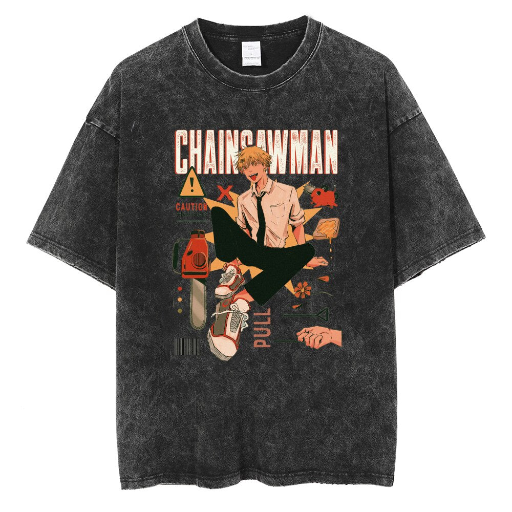 Retro Washed T-Shirt Anime Chainsaw Man T Shirt Cotton Summer Short Sleeve Tshirt Men Woman Harajuku Casual Hip Hop Streetwear, everythinganimee