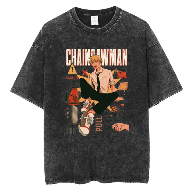 Retro Washed T-Shirt Anime Chainsaw Man T Shirt Cotton Summer Short Sleeve Tshirt Men Woman Harajuku Casual Hip Hop Streetwear, everythinganimee