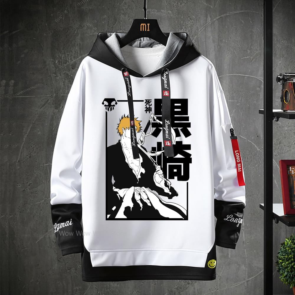 Anime Bleach Hoodies Streetwear Kurosaki Ichigo Ribbons Letter Print Hoodie Fake Two Piece Patchwork Sweatshirt Pullover Clothes