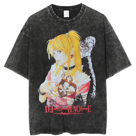 Vintage Washed Tshirts death note Anime Graphic Printing T Shirt Harajuku Oversize Tee Cotton fashion Streetwear unisex top, everything animee